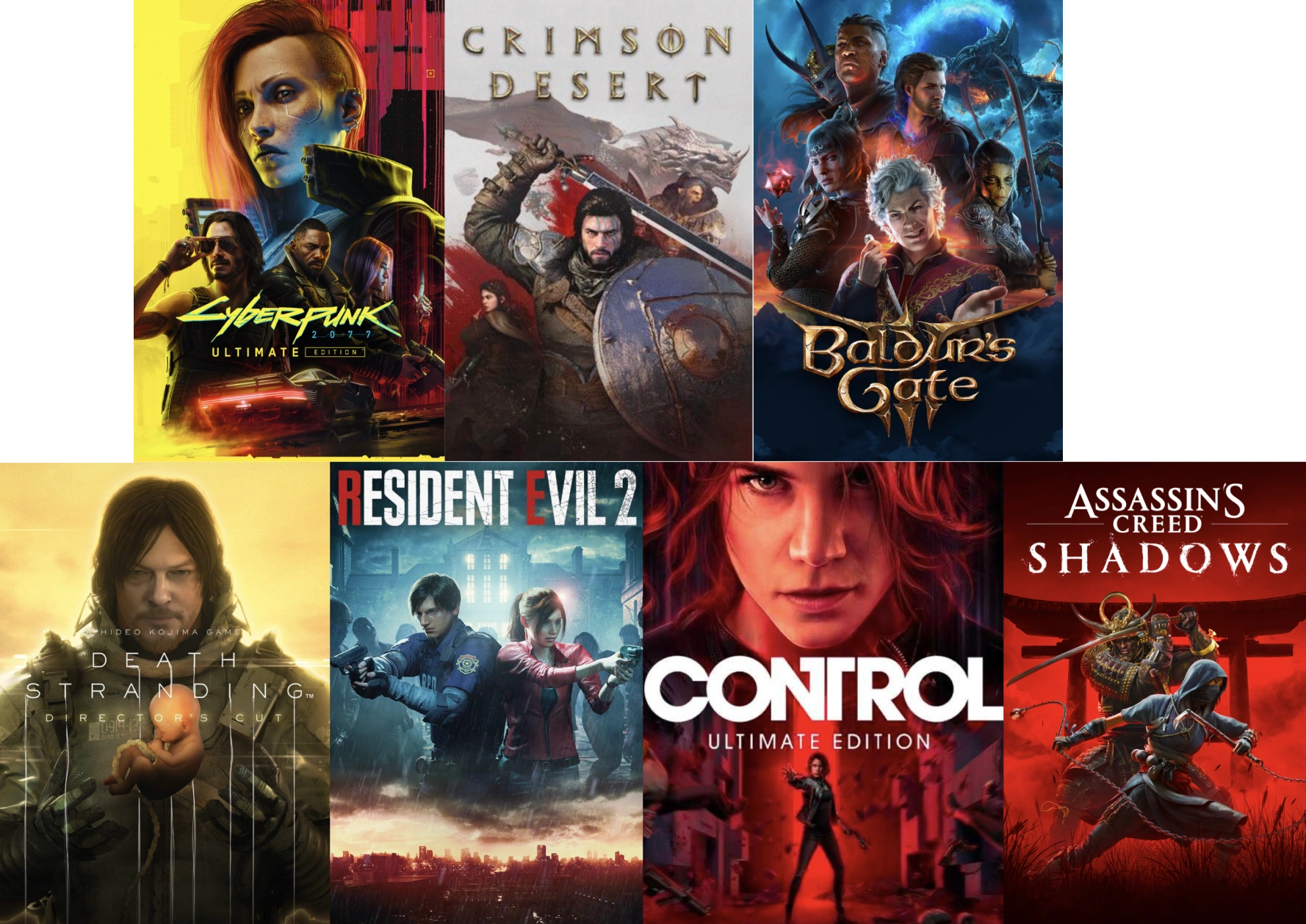 Collage of AAA games including Cyberpunk 2077, Crimson Desert, Baldur’s Gate 3, Death Stranding Director’s Cut, Resident Evil 2, Control Ultimate Edition, and Assassin’s Creed Shadows.