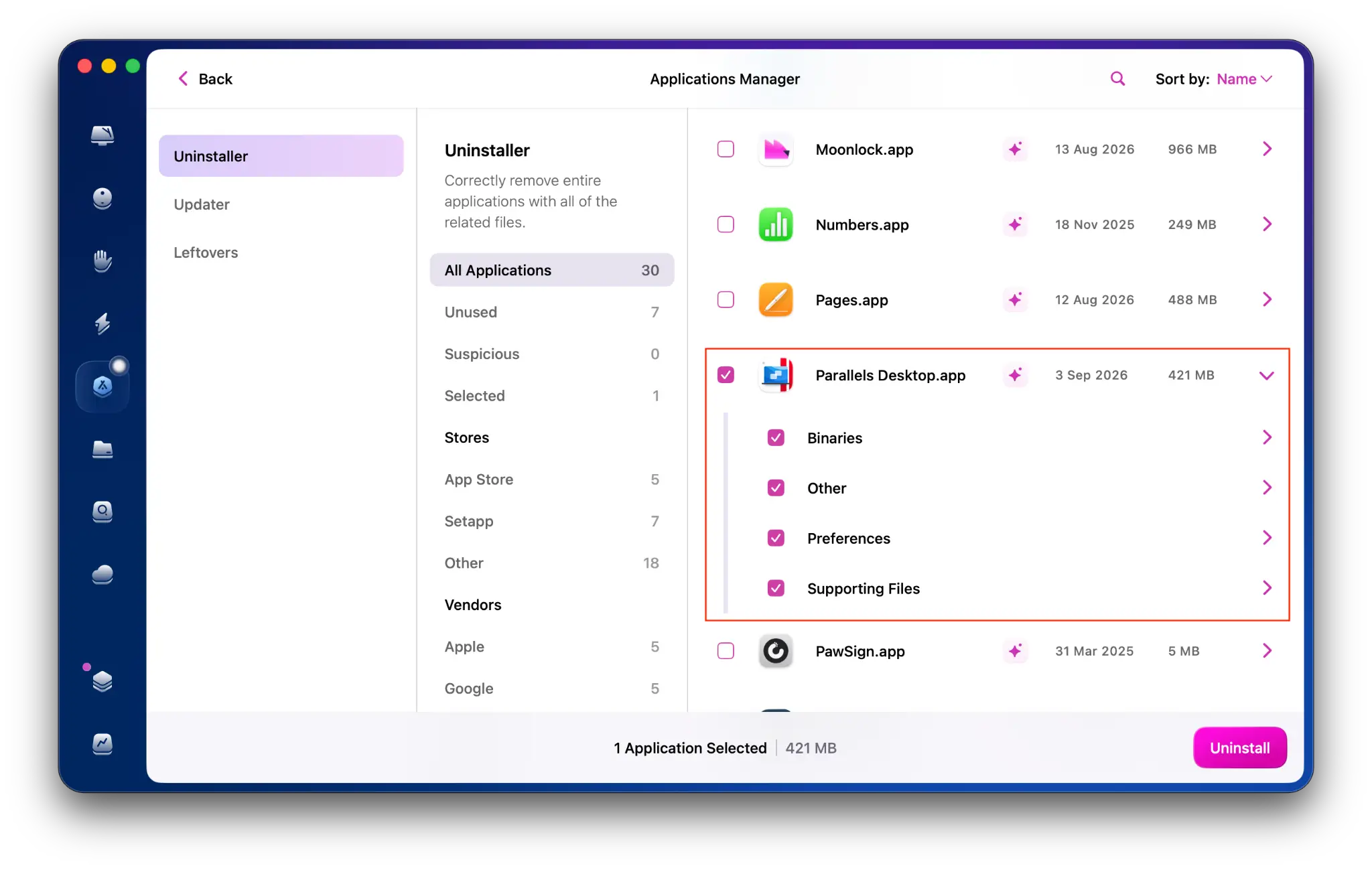 CleanMyMac Applications Manager showing Parallels Desktop selected for uninstallation.