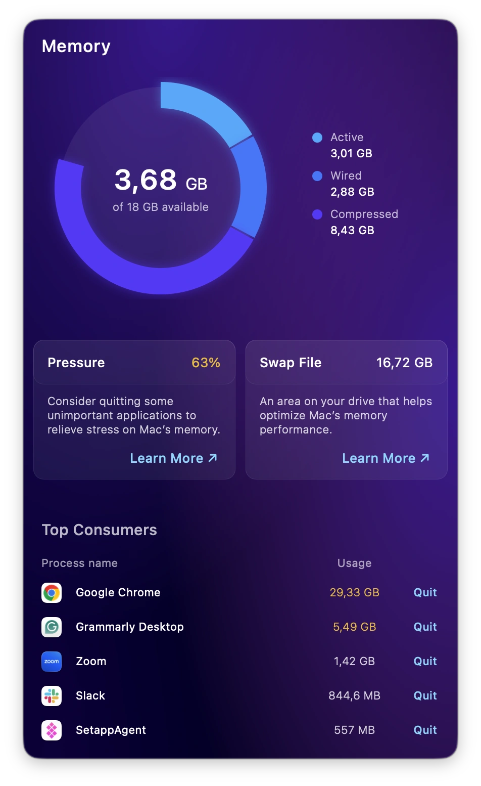 Mac memory dashboard showing memory usage, pressure, swap file size, and top processes.