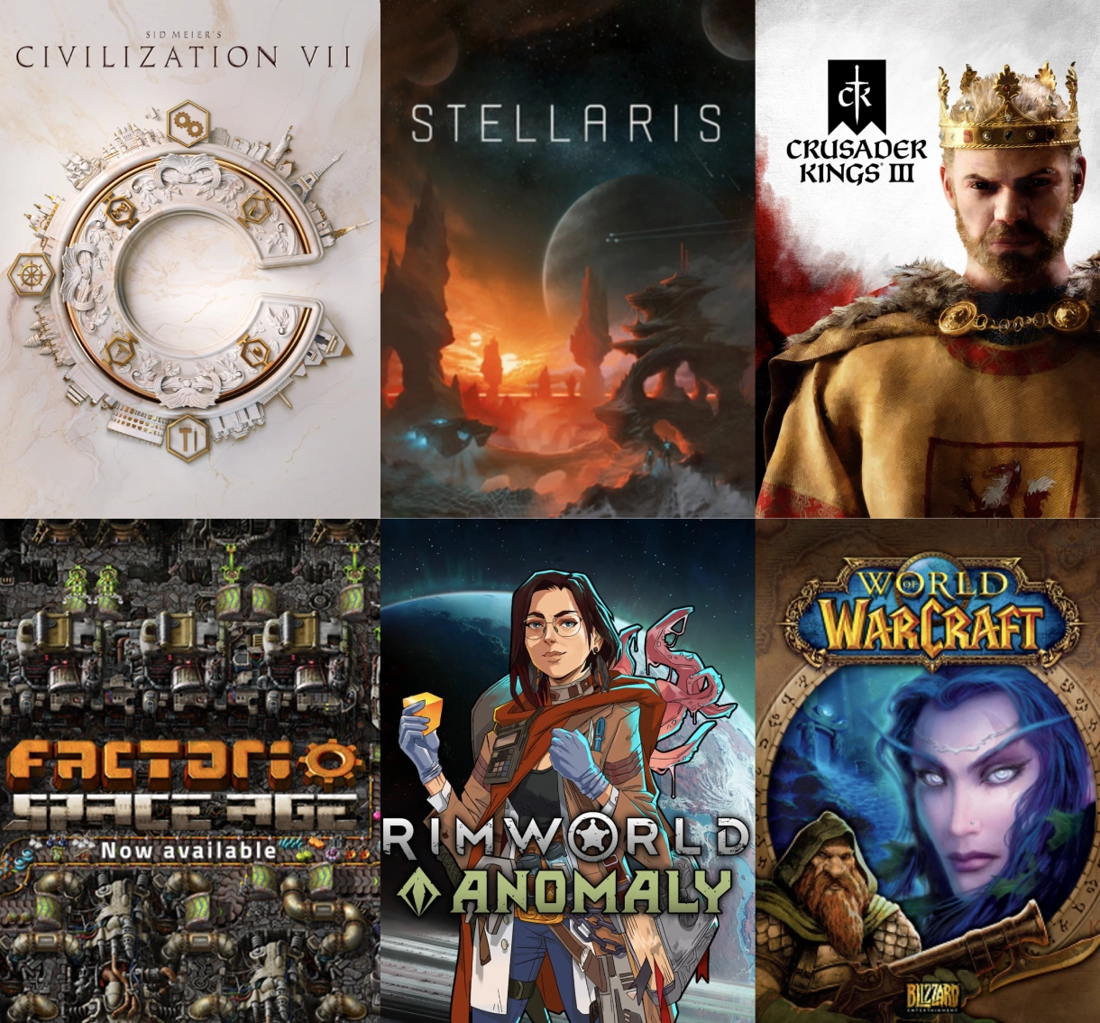 Collage of strategy games including Civilization VII, Stellaris, Crusader Kings III, Factorio: Space Age, RimWorld: Anomaly, and World of Warcraft.