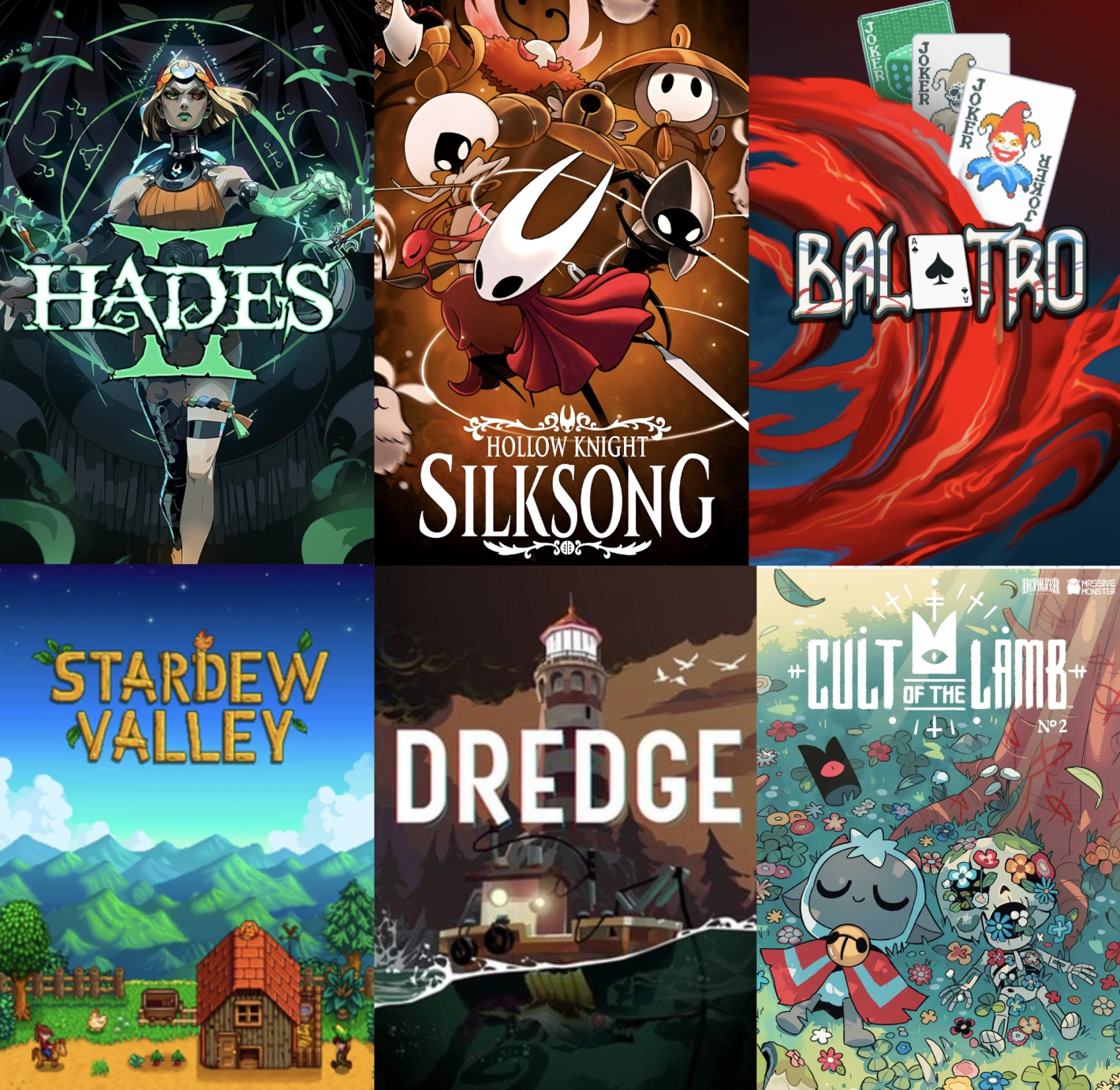 Collage of indie games including Hades II, Hollow Knight: Silksong, Balatro, Stardew Valley, Dredge, and Cult of the Lamb.